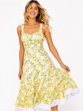 Kleid‎ Renatta Yellow Floral Lace Hem Corset Midi Dress Garden Party NWT $575